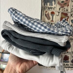 Kate Quinn kimono bodysuit + H&M Gray Striped Baby Onesie, Gap Gingham Shorts